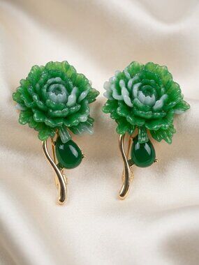 Flower Brooch Set Green Resin Rose Floral Pins 2.25"